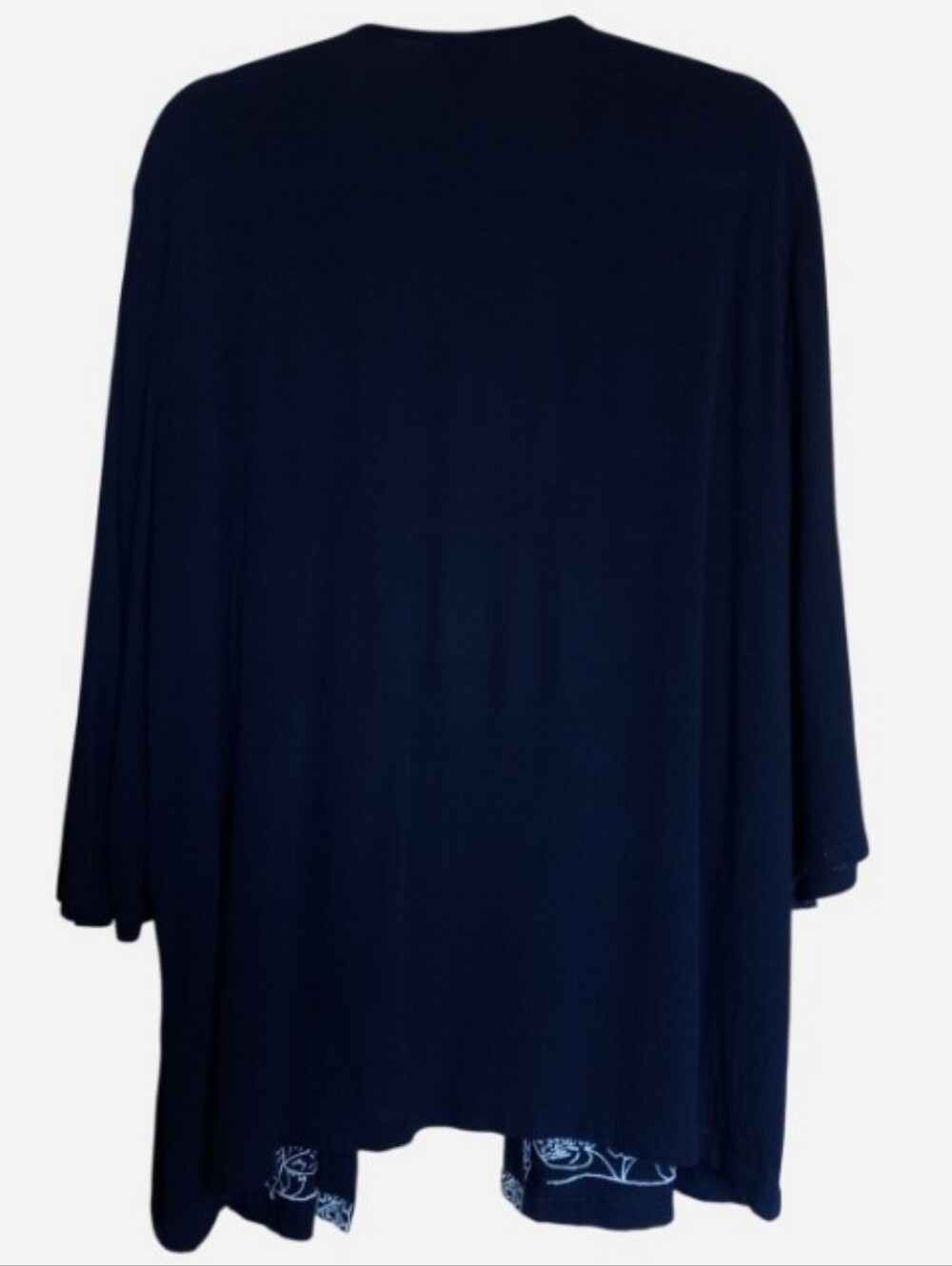 Chico's Floral Embroidered Boho Crinkle Midnight Blue Open Front Cardigan - Picture 2 of 4